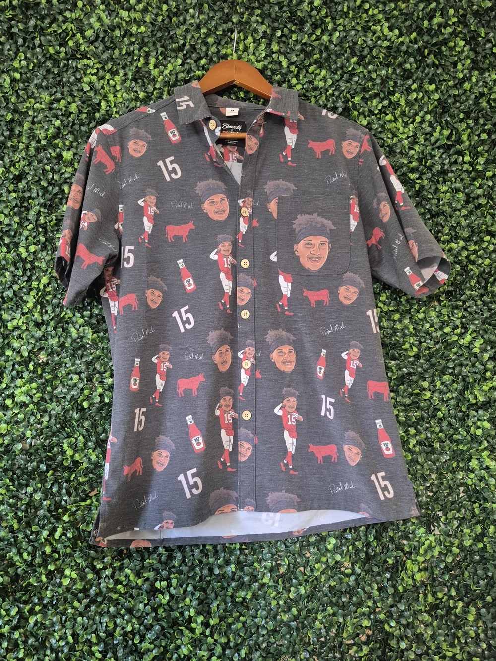 Mahomes NFL button Short-Sleeve- Charcoal with Red Print